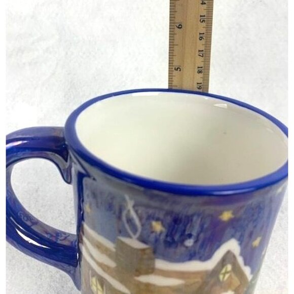Ceramic Coffee Tea Mug by Cardinal Inc with Winter Village Scene Blue Handle - Picture 7 of 7